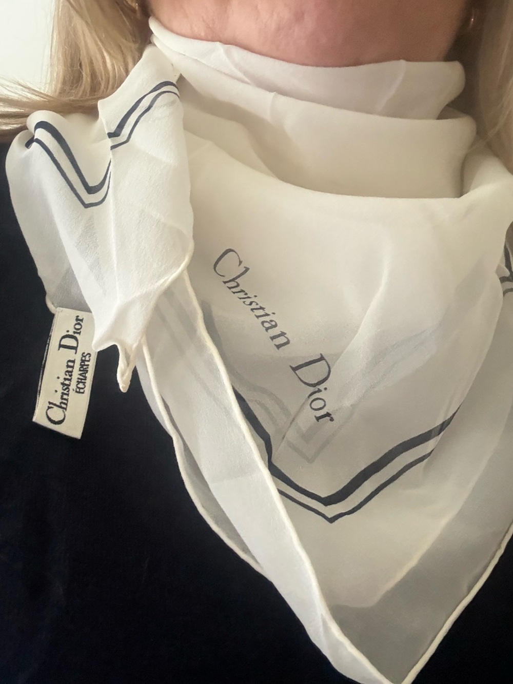 NWT Vintage DIOR Chiffon Silk Scarf 31” IVORY & Black border/logo